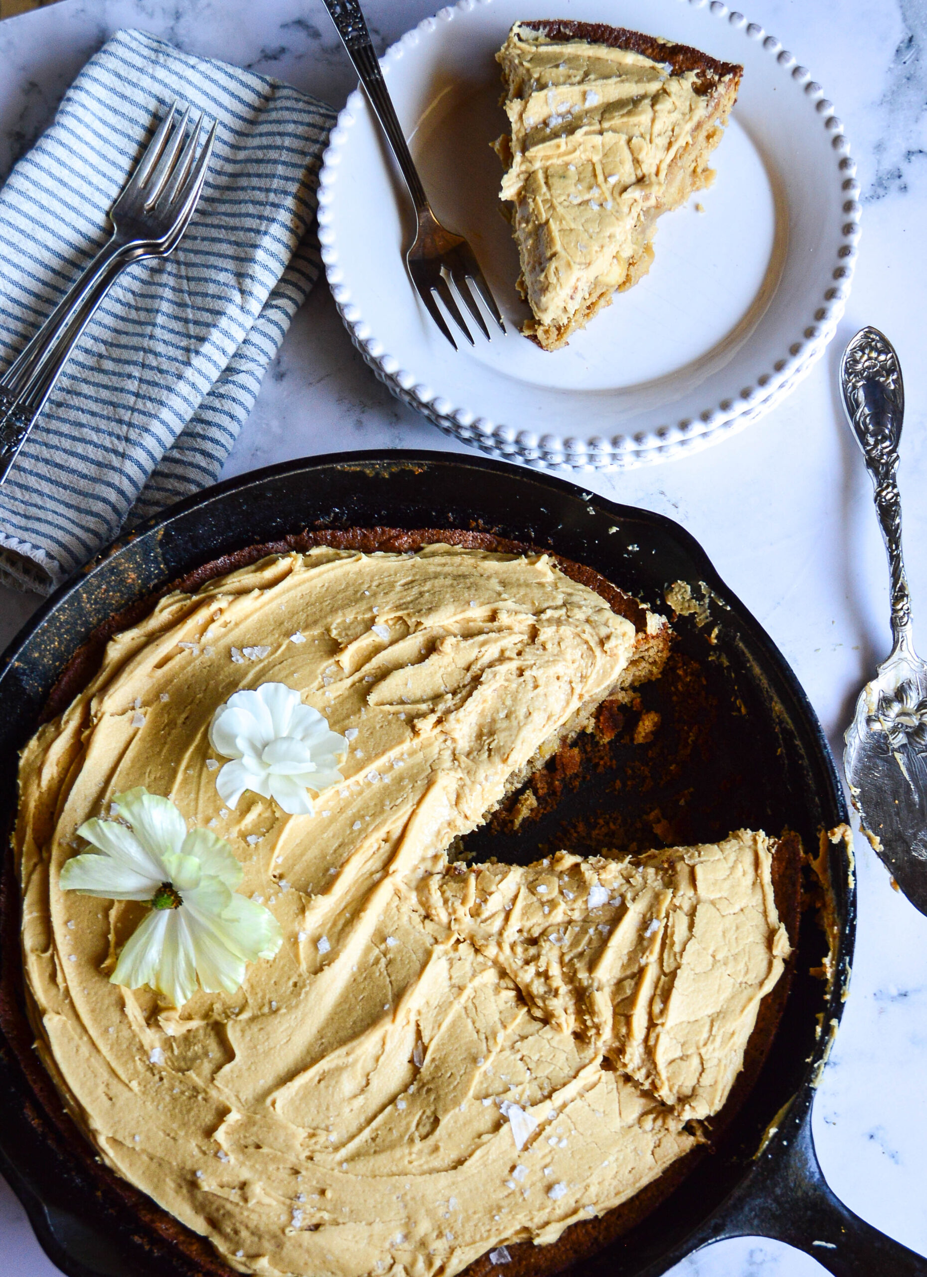 in cast iron skillet apple skillet cake with salted caramel frosting