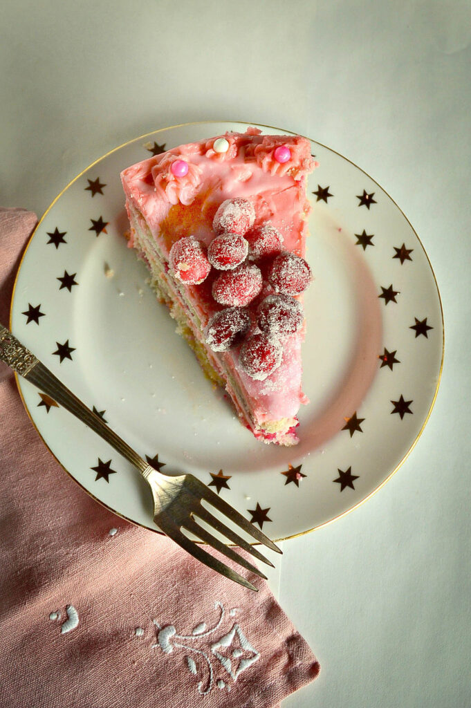 White Chocolate Icing on Cranberry Filled Cake dyed pink