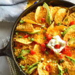 green chile chicken casserole recipe in cast iron skillet