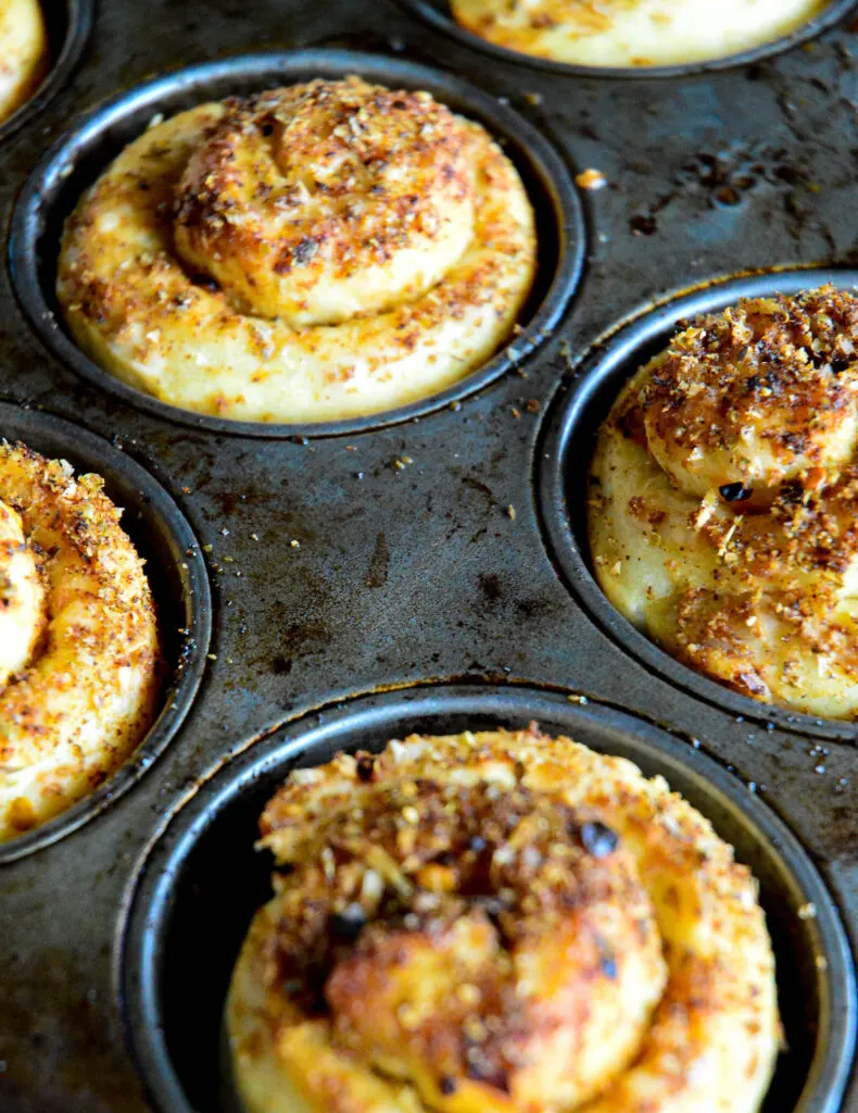 leftover pizza dough garlic rolls in muffin pan