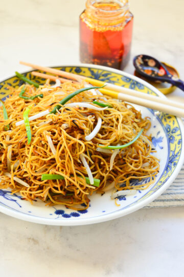 chow mein recipe in asian dish with chopsticks