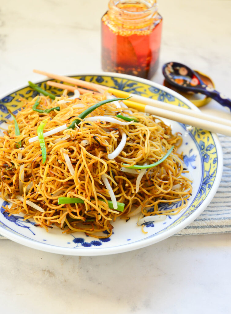 chow mein recipe in asian dish with chopsticks
