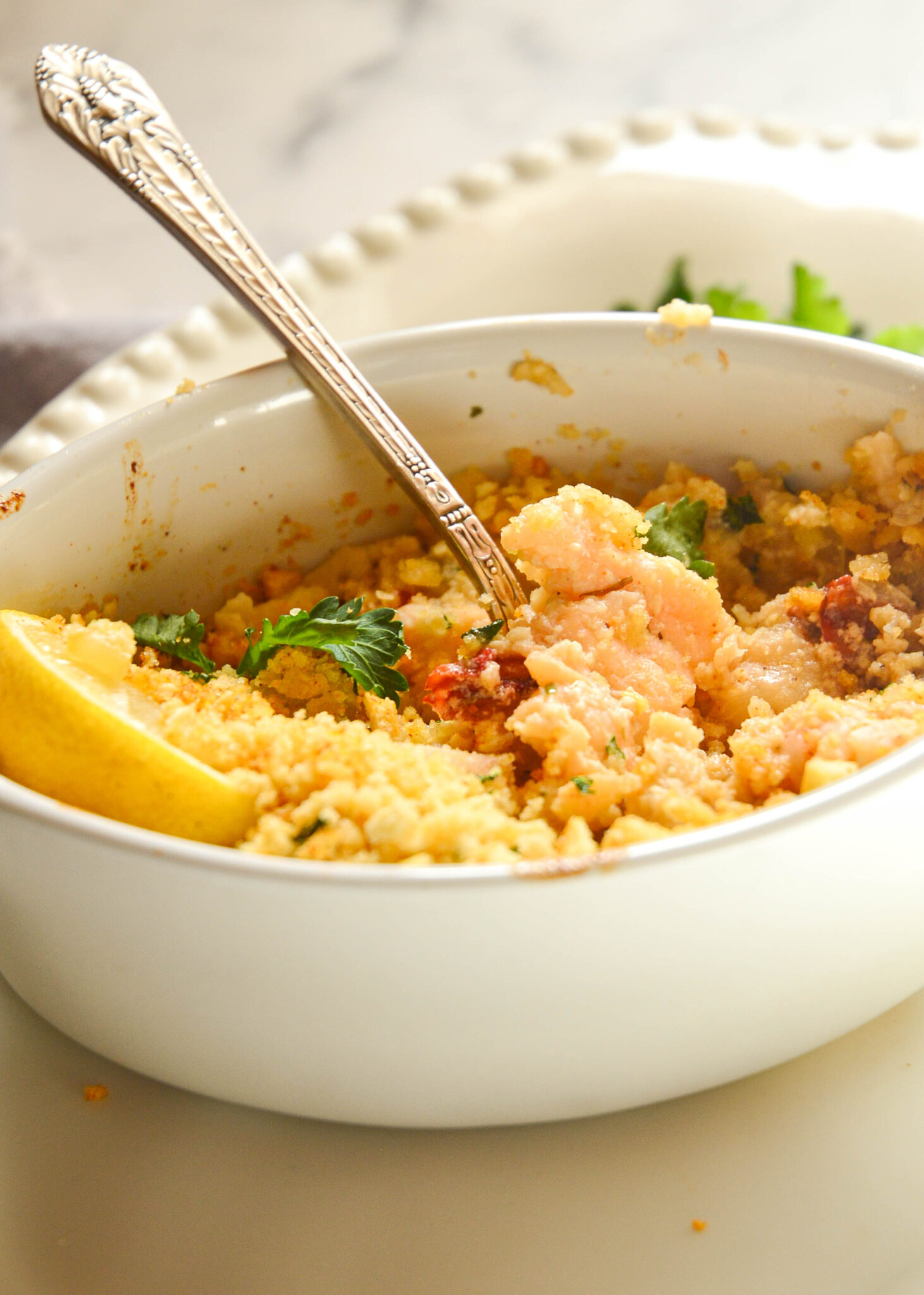lobster casserole in white baking dish