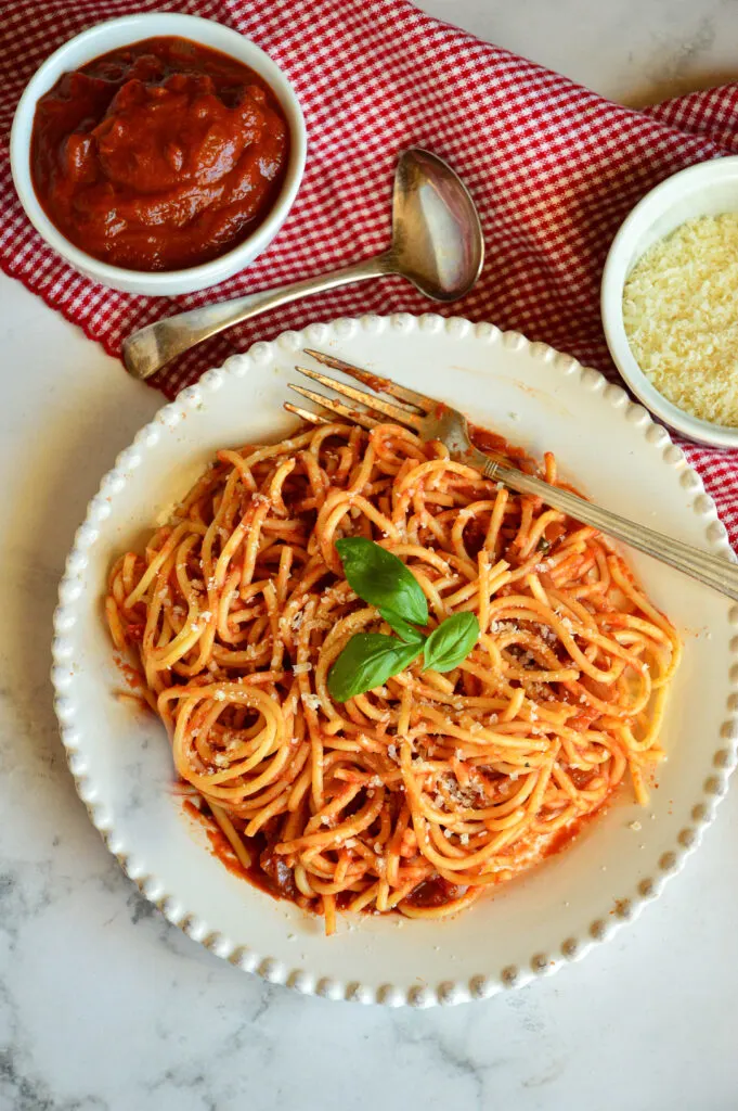 Italian Red Sauce Recipe with spaghetti on plate