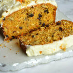 carrot cake loaf recipe on marble cutting board