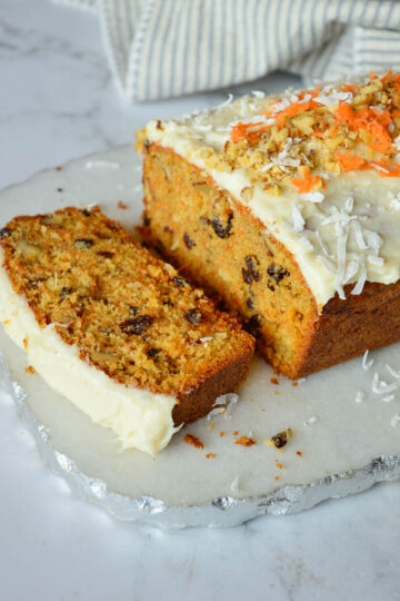 carrot cake loaf recipe on marble platter