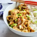 lemongrass chicken vietnamese recipe in serving bowl with rice.