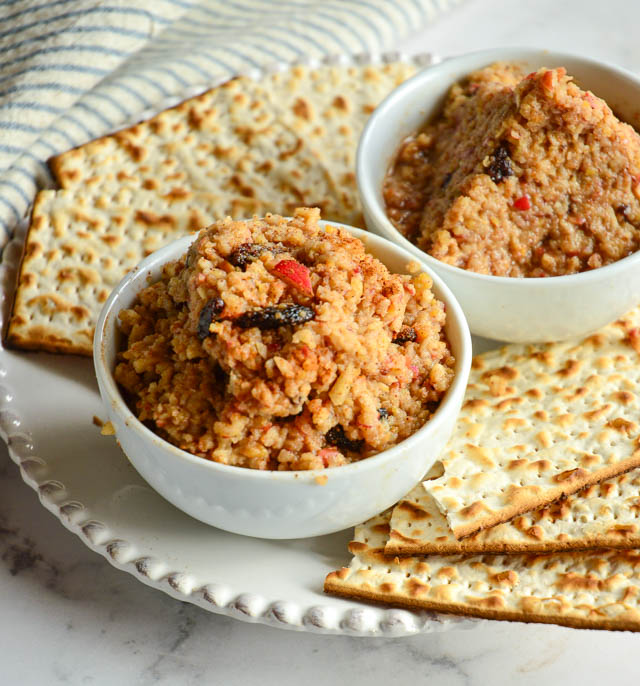 charoset in white bowls with matzo