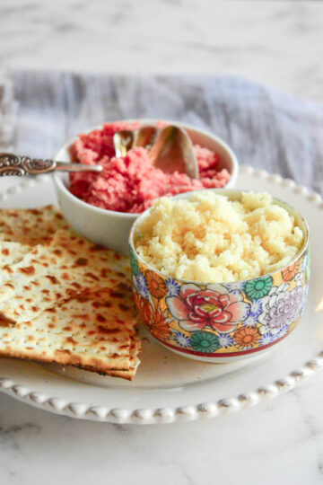 Hot Horseradish Recipe in decorative jar with matzo