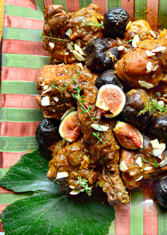 pumpkin fig chicken on striped plate