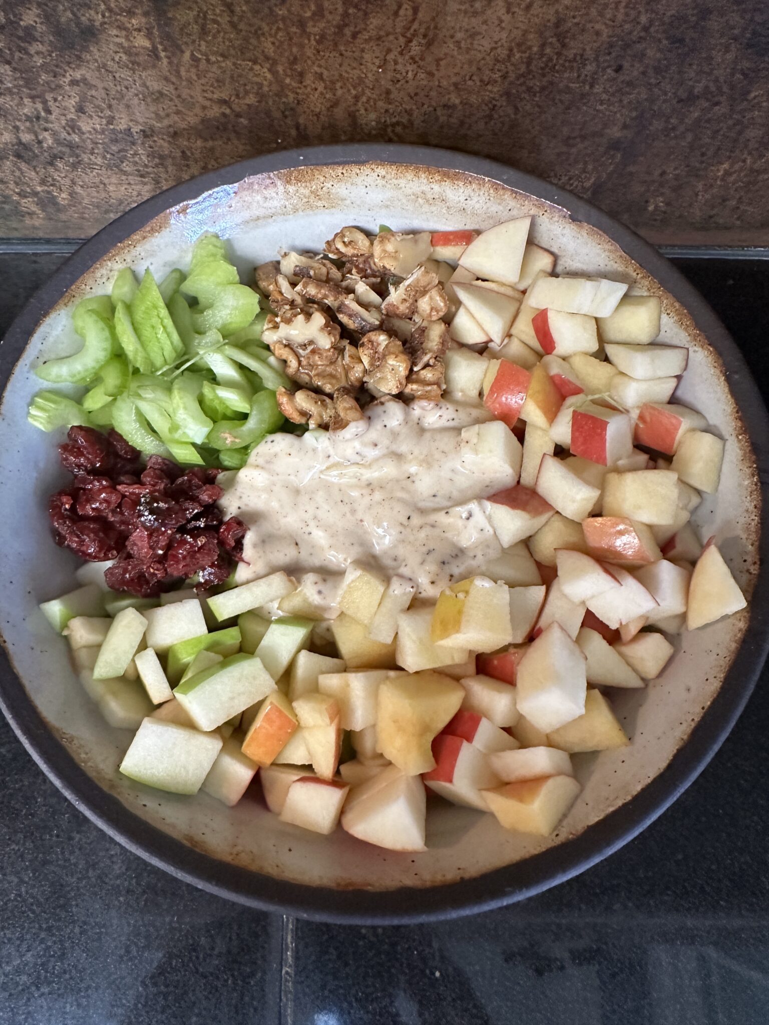 best Waldorf salad ingredients in white pottery bowl