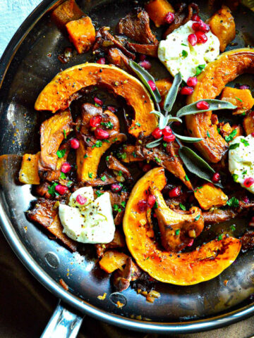 recipes for butternut squash with squash in skillet with cheese, mushrooms and pomegranatae seeds