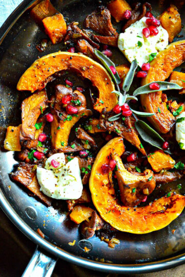 recipes for butternut squash with squash in skillet with cheese, mushrooms and pomegranatae seeds