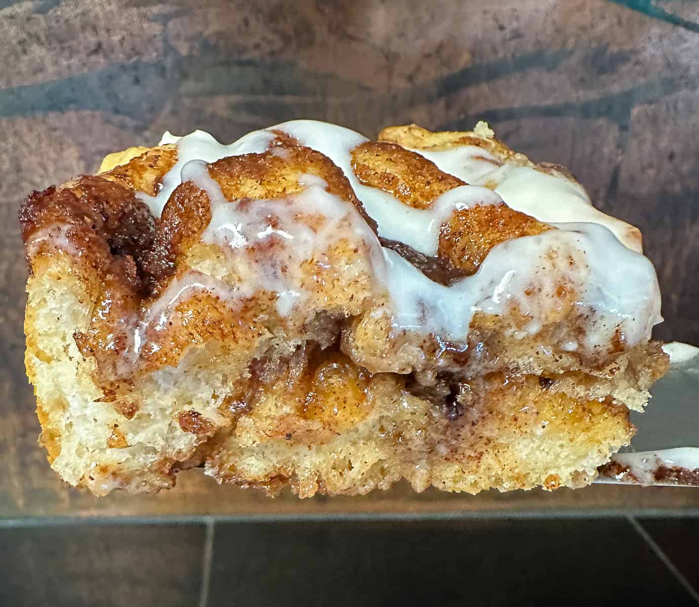 close up of cinnamon roll focaccia square
