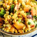 grilled corn salad with mango and halloumi close up