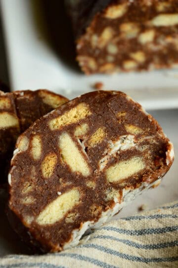 slice of chocolate salami recipe on counter