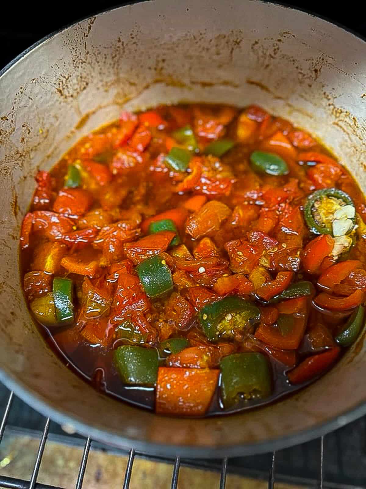 matbucha recipe cooking in Dutch oven