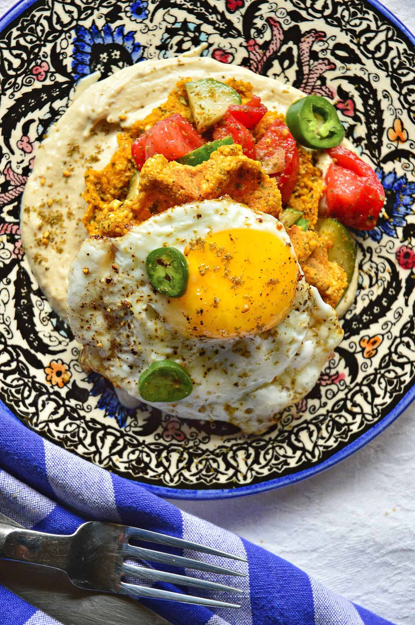 falafel waffle brunch sandwich on armenian plate