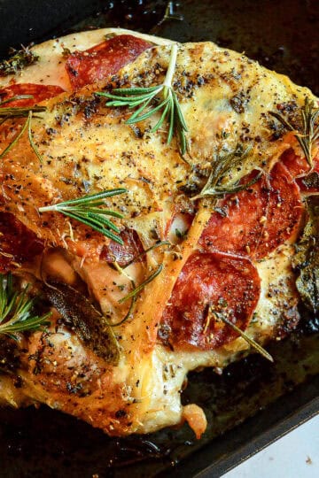 buttered bone-in turkey breast recipe with pepperoni and herbs