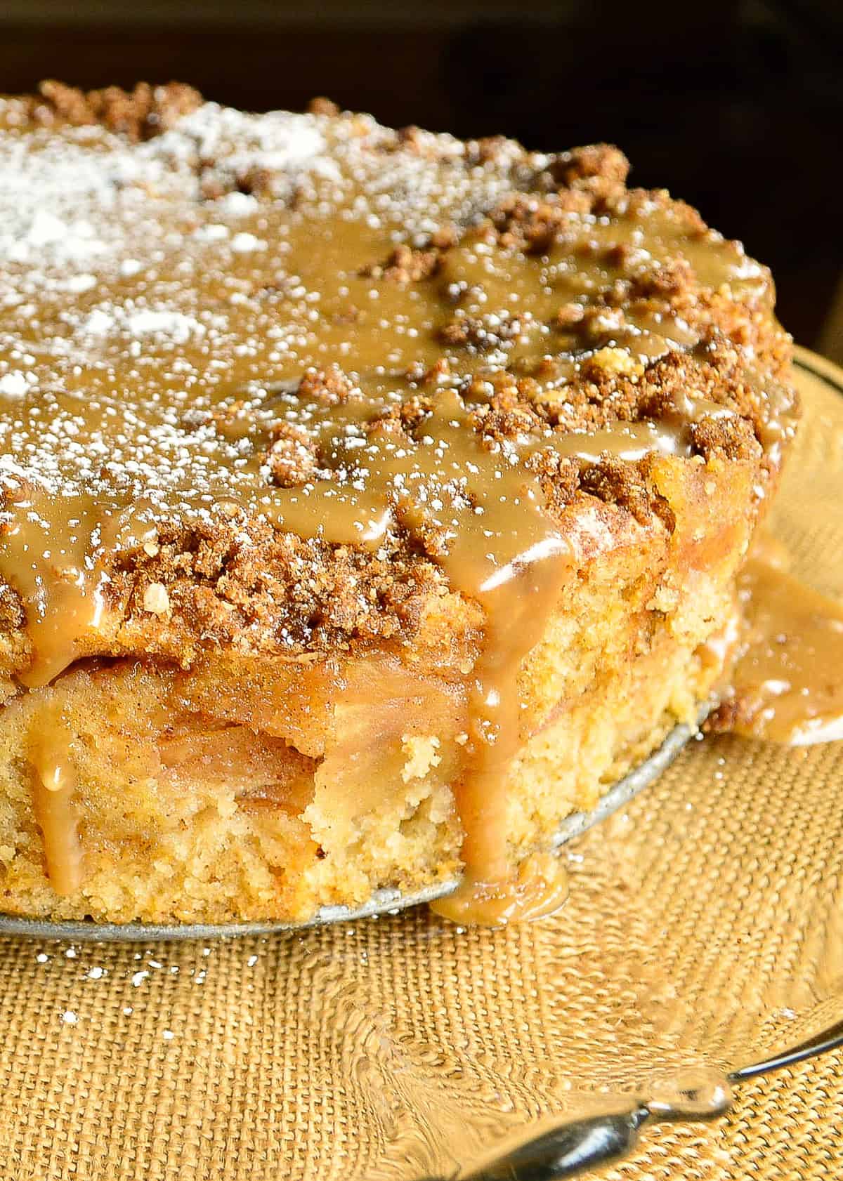 Passover apple cake with caramel and streusel in top Jewish dishes