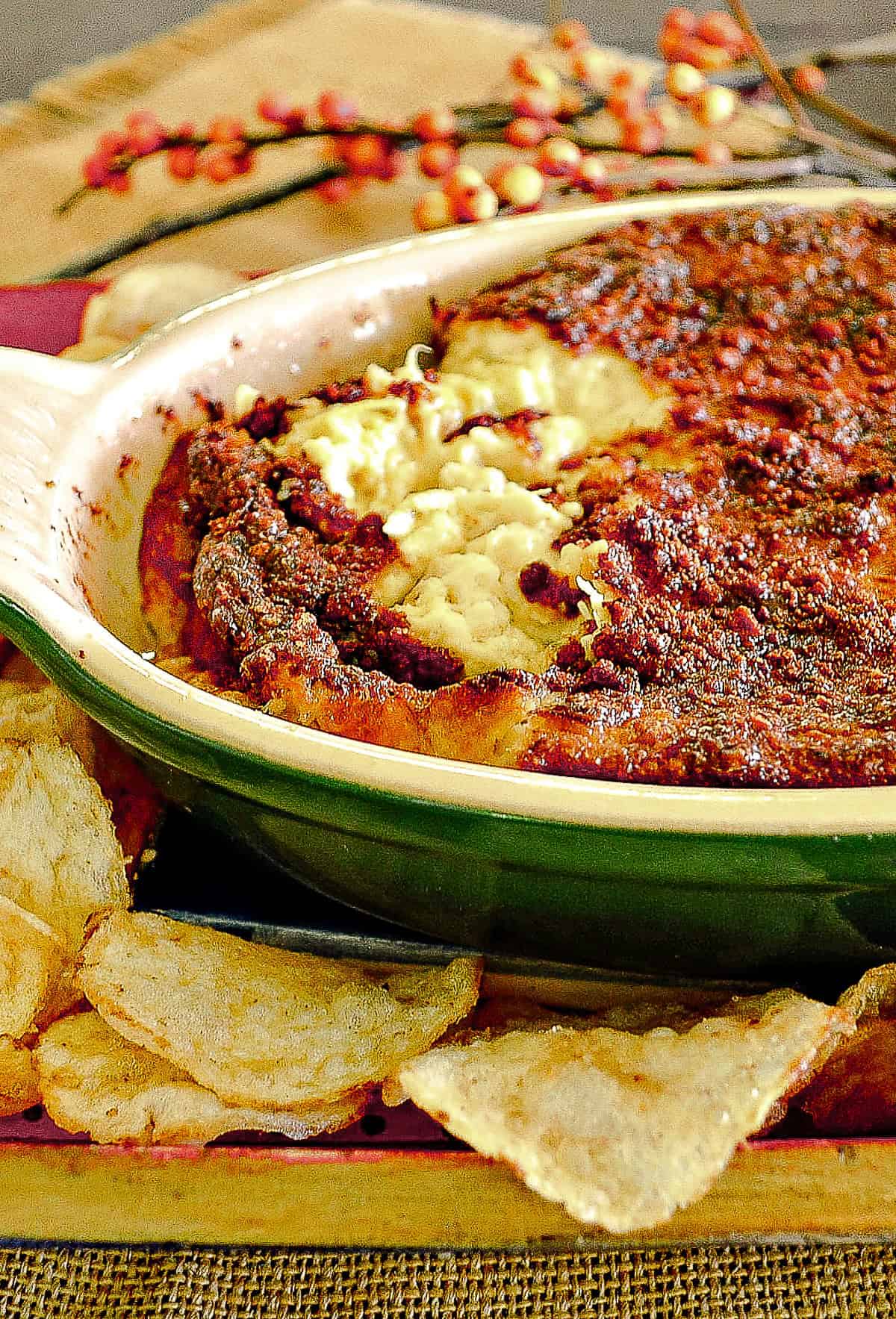 3 ingredient artichoke dip in oval baking  dish