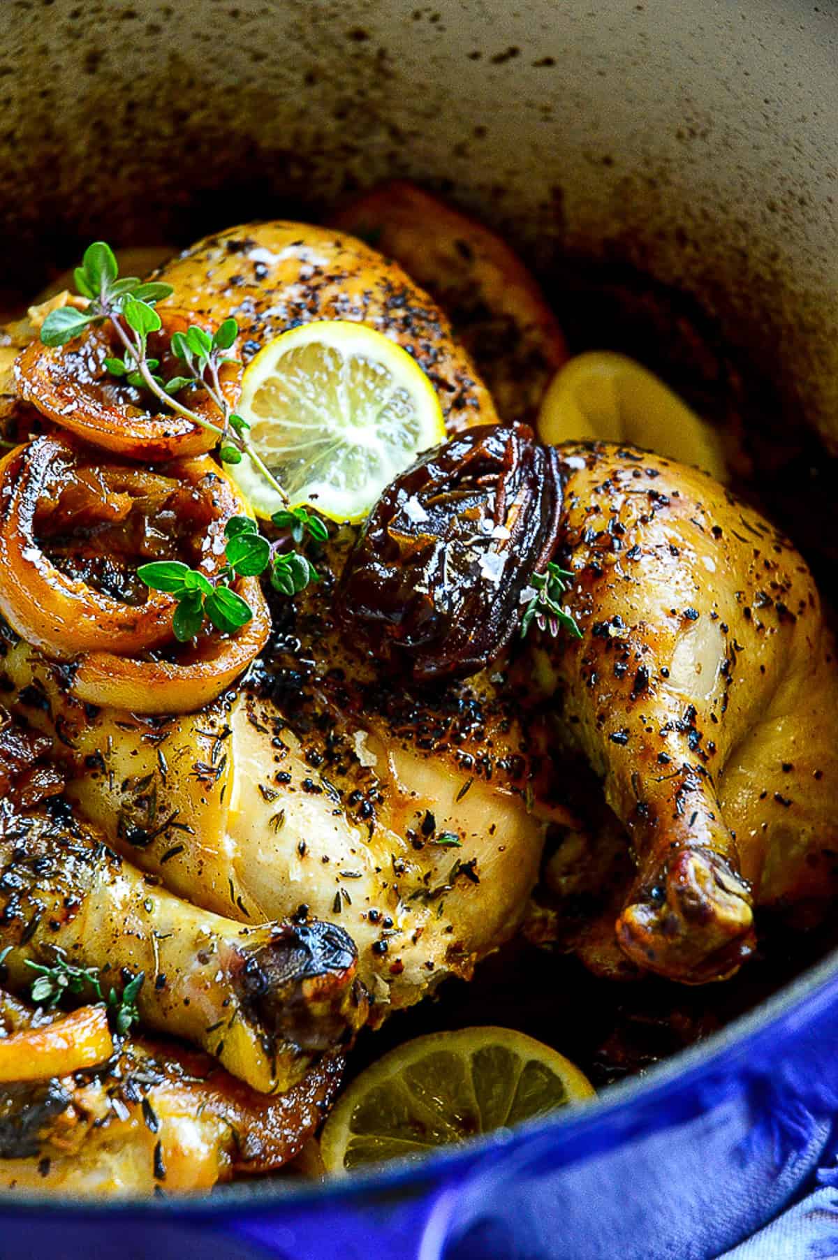 chicken with dates and lemon in Dutch oven