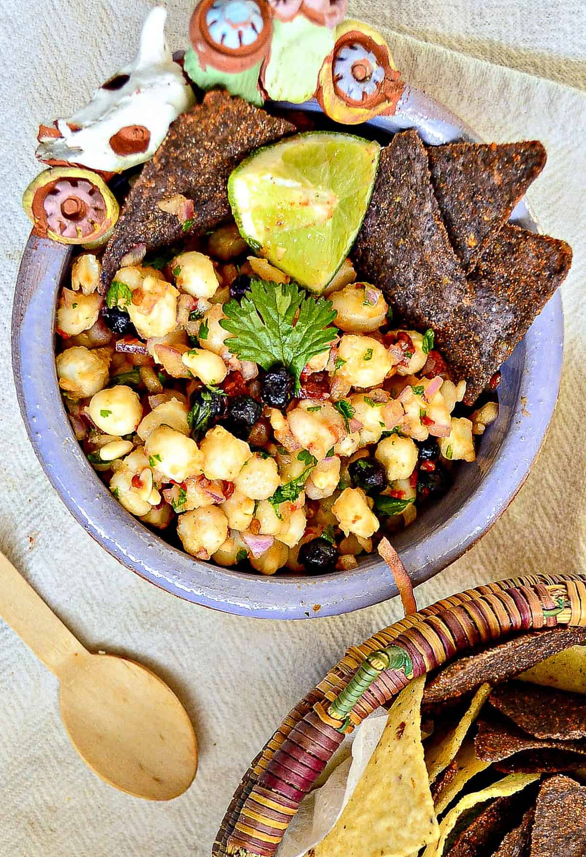 hominy and blueberry salsa in a lavender cactus bowl