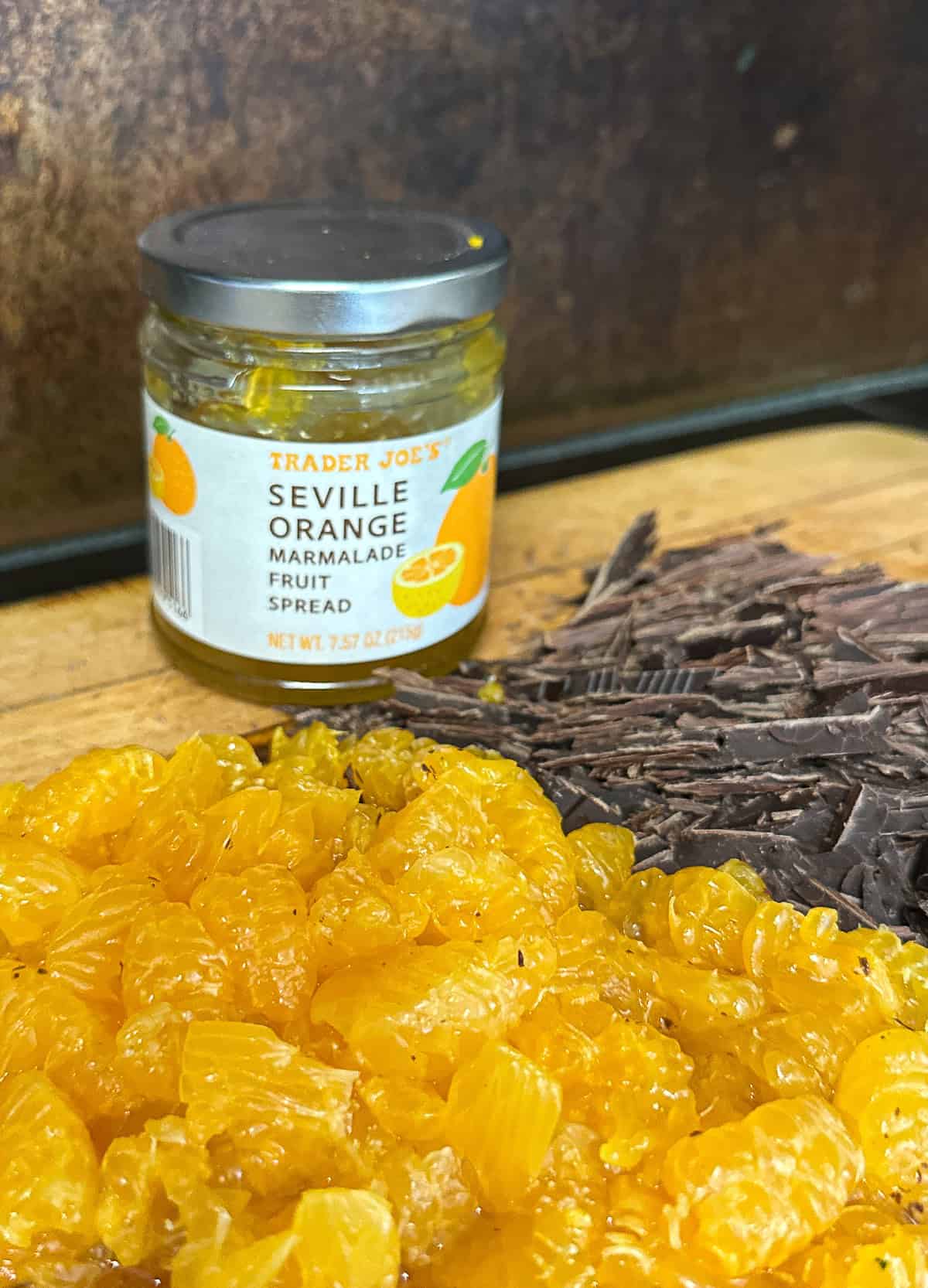 orange marmalade, shards of chocolate and mandarin orange ingredients