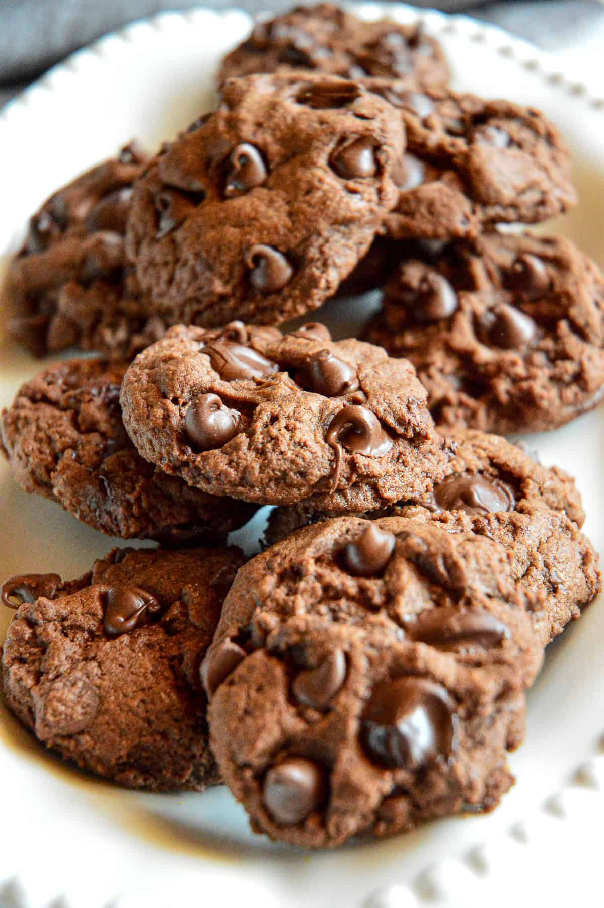 chocolate crumbl cookies copycat recipe on white plate