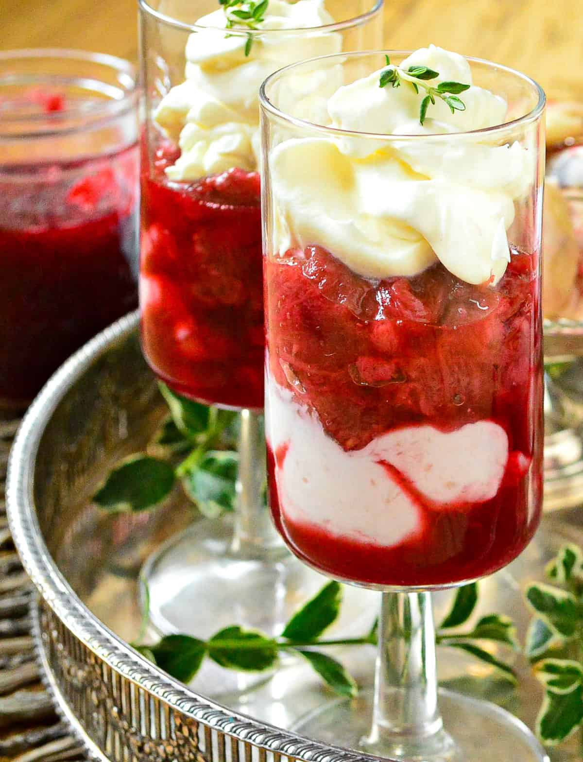 berry rhubarb yogurt parfaits on silver tray
