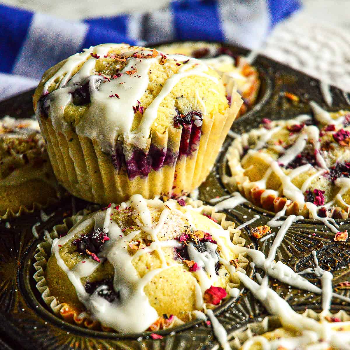 glazed blueberry muffins in decorative tin