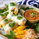 rice paper rolls with shrimp, mango and coconut plus peanut sauce