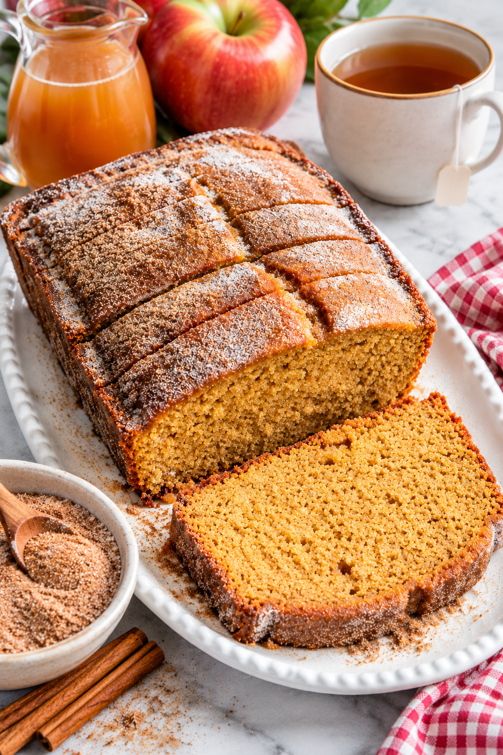 apple cider loaf cake with cinnamon sugar and a cup of tea